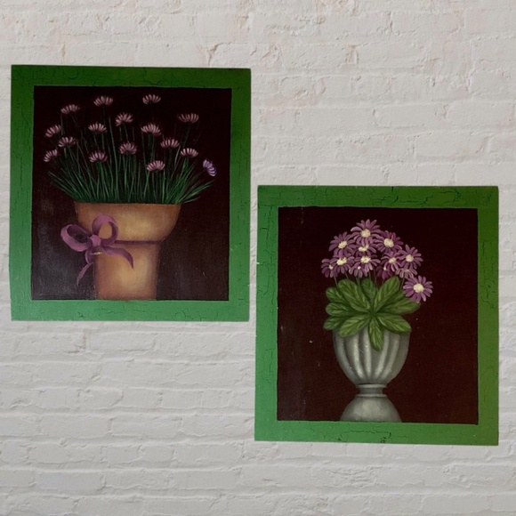 Set of 2 Hand-Painted Floral Wall Art on Wood –Green Frame–Rustic & Cottagecore - Picture 3 of 8